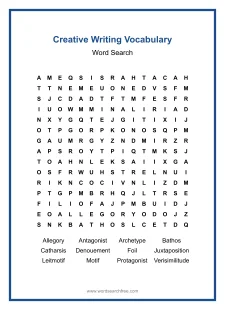 Creative Writing Vocabulary Word Search - Free printable puzzle with 12 words