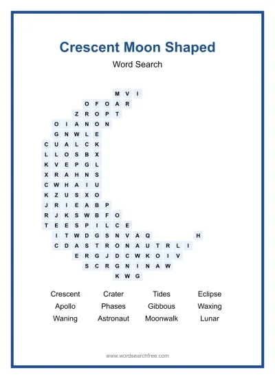 Printable Crescent Moon Shaped Word Search worksheet