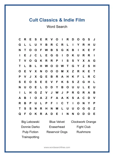 Printable Cult Classics & Indie Film Word Search worksheet