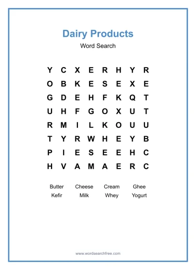 Printable Dairy Products Word Search worksheet