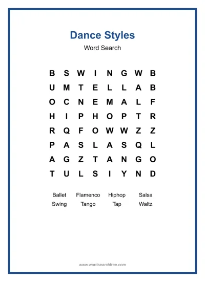 Printable Dance Styles Word Search worksheet