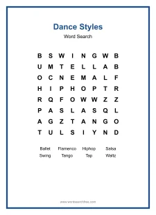 Dance Styles Word Search - Free printable puzzle with 8 words