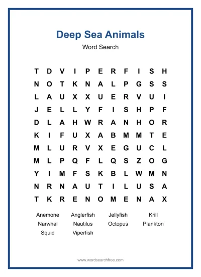 Printable Deep Sea Animals Word Search worksheet