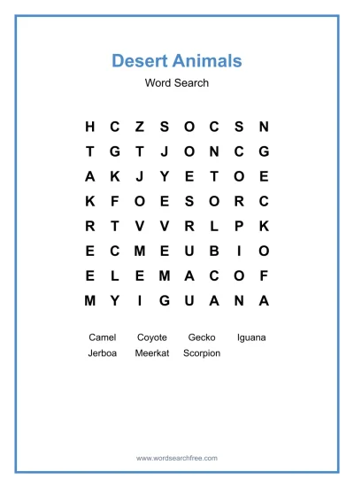 Printable Desert Animals Word Search worksheet