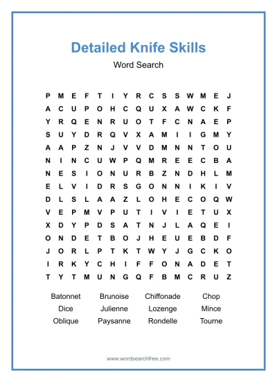 Printable Detailed Knife Skills Word Search worksheet