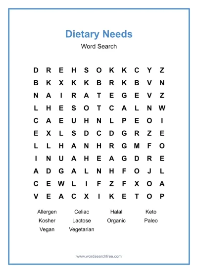 Printable Dietary Needs Word Search worksheet