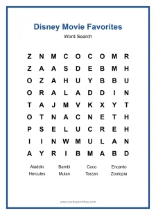 Disney Movie Favorites - Easy Word Search Puzzle