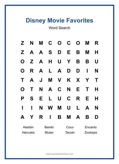 Printable Disney Movie Favorites Word Search worksheet