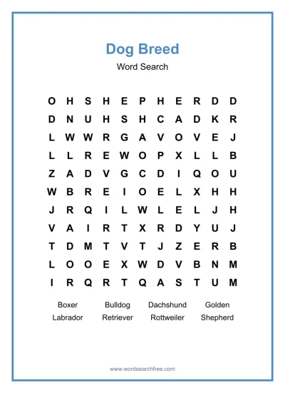 Printable Dog Breed Word Search worksheet