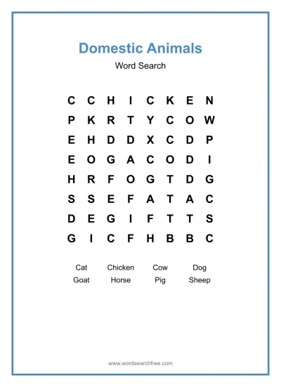 Printable Domestic Animals Word Search worksheet