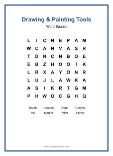 Drawing & Painting Tools Word Search - Free printable puzzle with 8 words