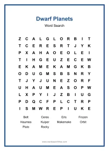 Dwarf Planets Word Search - Free printable puzzle with 10 words