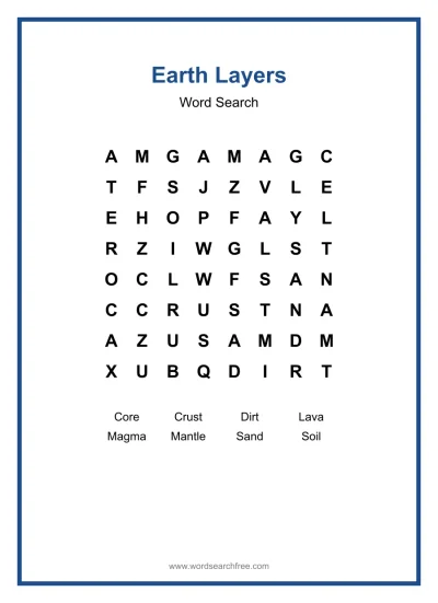 Printable Earth Layers Word Search worksheet
