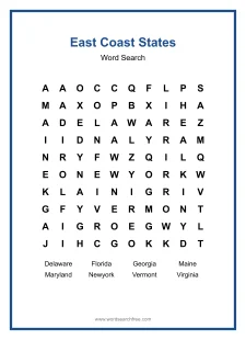 East Coast States Word Search - Free printable puzzle with 8 words