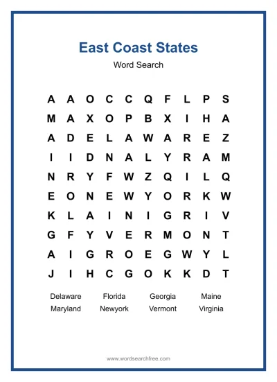 Printable East Coast States Word Search worksheet