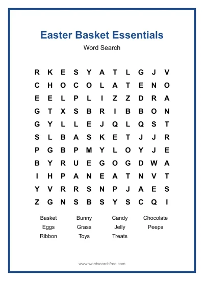 Printable Easter Basket Essentials Word Search worksheet