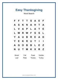 Easy Thanksgiving - Thanksgiving word search