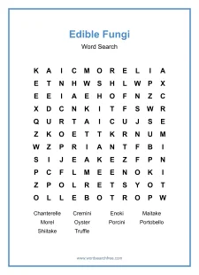 Edible Fungi Word Search - Free printable puzzle with 10 words