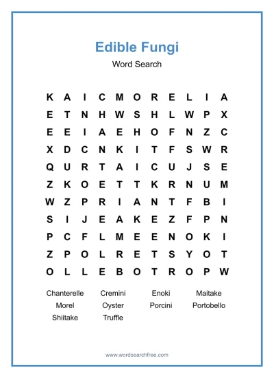 Printable Edible Fungi Word Search worksheet