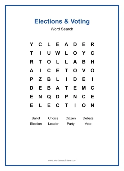 Printable Elections & Voting Word Search worksheet