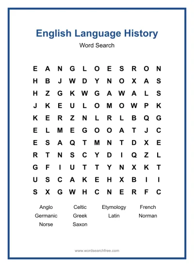Printable English Language History Word Search worksheet
