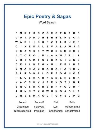 Printable Epic Poetry & Sagas Word Search worksheet