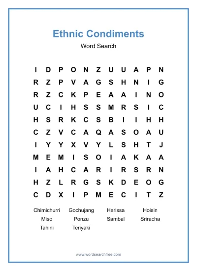 Printable Ethnic Condiments Word Search worksheet