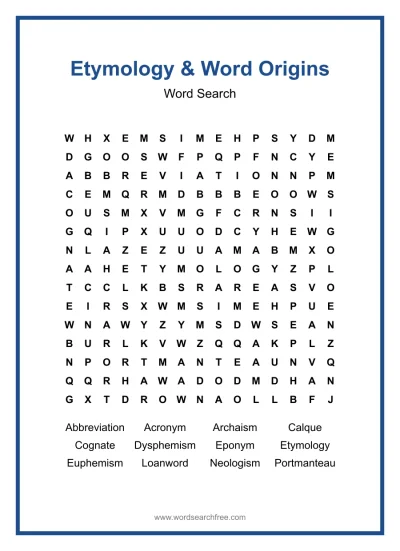 Printable Etymology & Word Origins Word Search worksheet