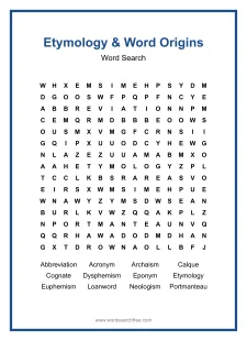 Etymology & Word Origins Word Search - Free printable puzzle with 12 words