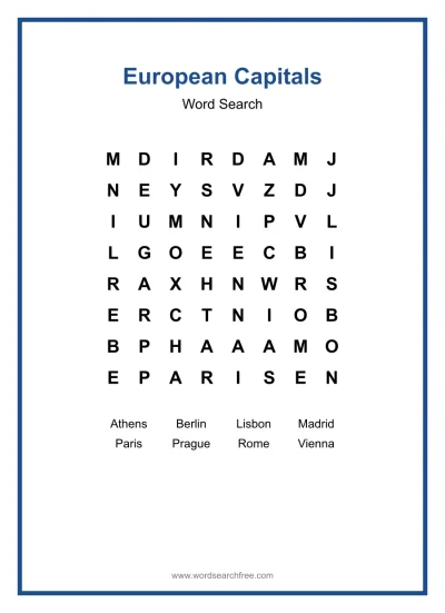 Printable European Capitals Word Search worksheet