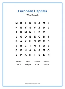 European Capitals Word Search - Free printable puzzle with 8 words