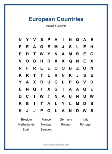 European Countries Word Search - Free printable puzzle with 10 words