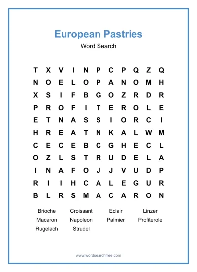 Printable European Pastries Word Search worksheet