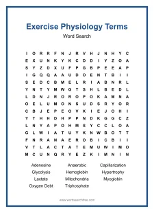 Exercise Physiology Terms - Hard Word Search Puzzle