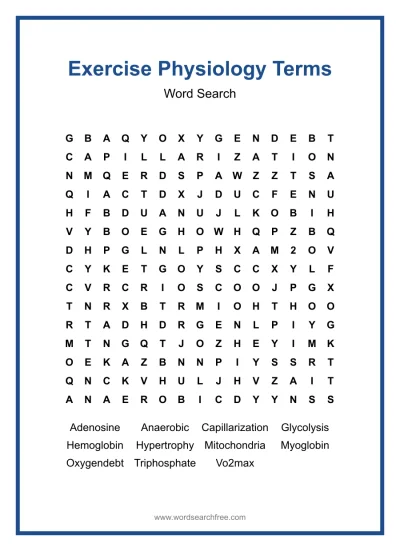 Printable Exercise Physiology Terms Word Search worksheet
