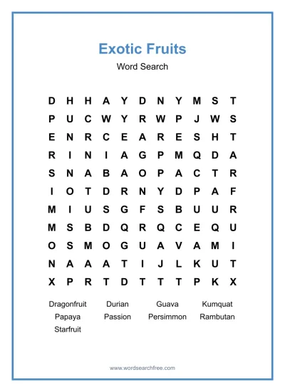 Printable Exotic Fruits Word Search worksheet
