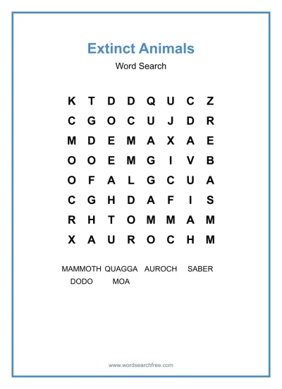 Printable Extinct Animals Word Search worksheet