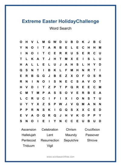 Printable Extreme Easter Holiday Challenge Word Search worksheet