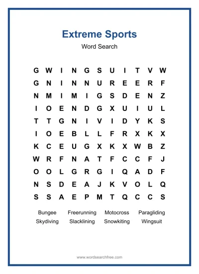 Printable Extreme Sports Word Search worksheet