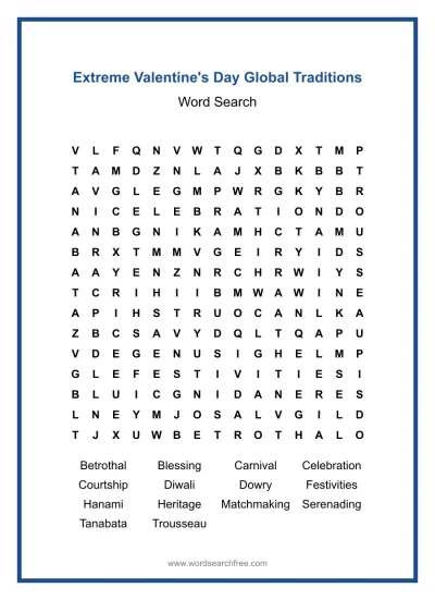 Printable Extreme Valentine's Day Global Traditions Word Search worksheet
