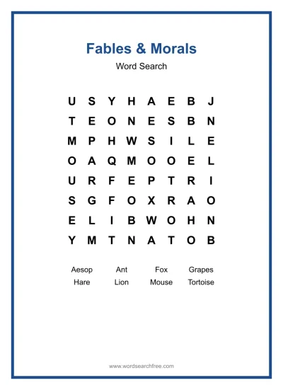 Printable Fables & Morals Word Search worksheet