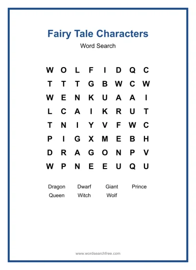 Printable Fairy Tale Characters Word Search worksheet