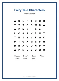 Fairy Tale Characters Word Search - Free printable puzzle with 7 words