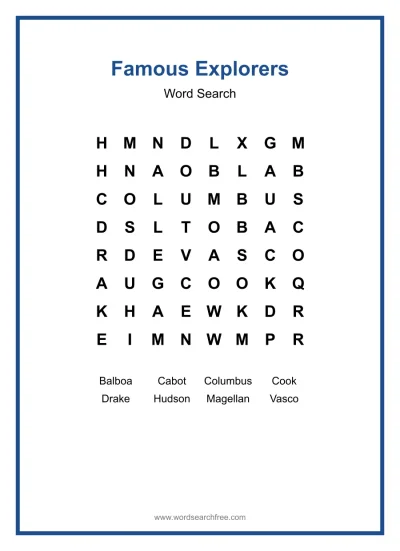 Printable Famous Explorers Word Search worksheet