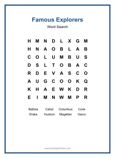 Famous Explorers Word Search - Free printable puzzle with 8 words