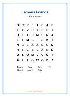 Famous Islands Word Search - Free printable puzzle with 7 words