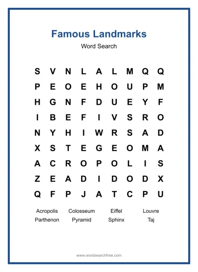 Printable Famous Landmarks Word Search worksheet