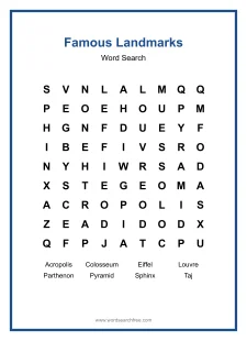 Famous Landmarks Word Search - Free printable puzzle with 8 words