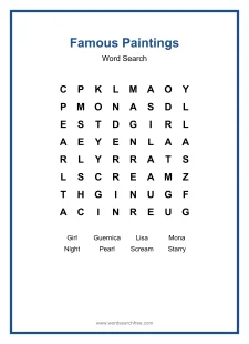 Famous Paintings Word Search - Free printable puzzle with 8 words