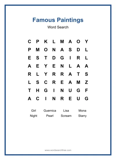 Printable Famous Paintings Word Search worksheet